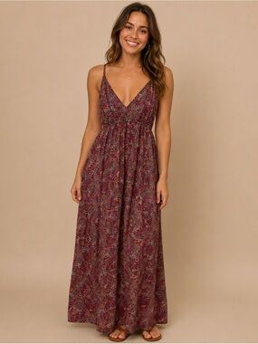Boho Silk Paisley Maxi Dress with Spaghetti Straps